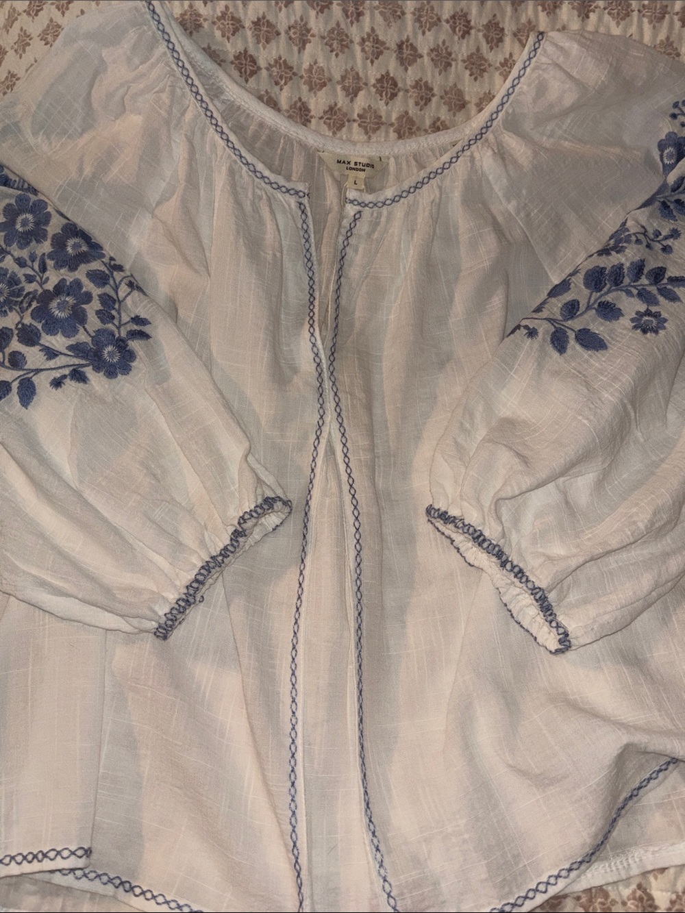 Max Studio White Peasant Blouse with Blue Floral Sleeve Embroidery - Picture 13 of 13